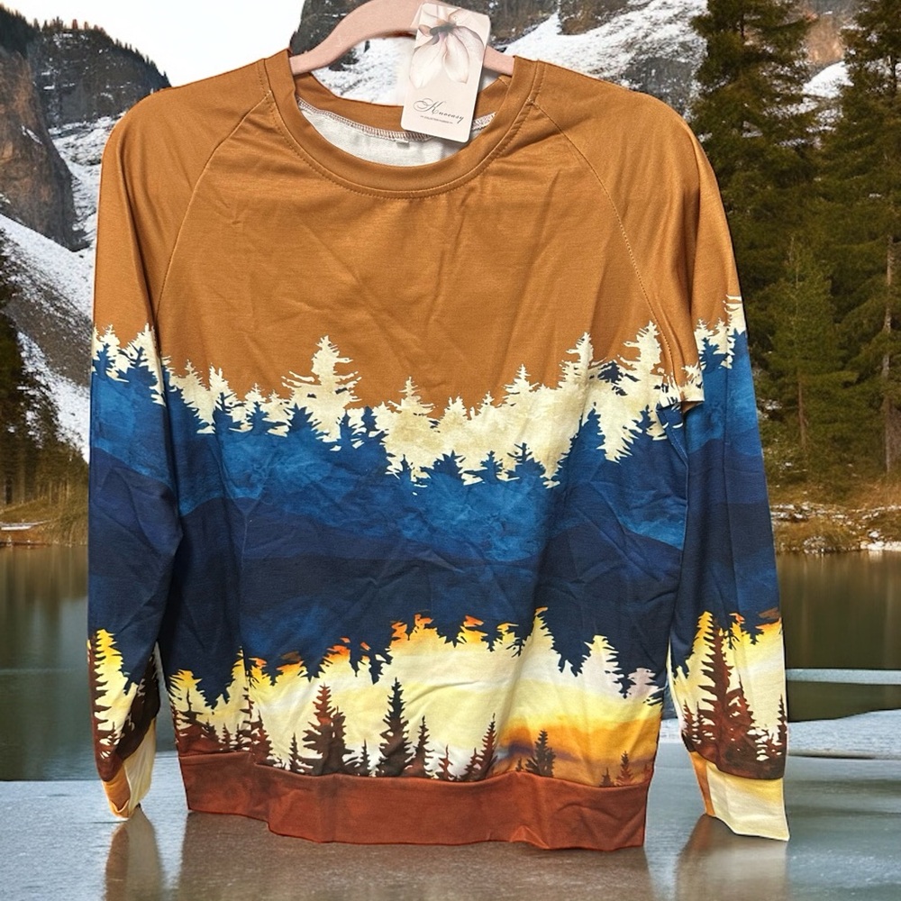 Knoeasy Women’s Size Small pullover shirt Mountain Nature Earth forest Scene new